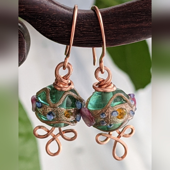 Venetian Emerald Glass Bead Earrings Copper Wire Wrap Colorful Handmade - Picture 15 of 16